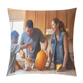 Personality  Hispanic American Family Carving Pumpkin Into Jack O Lantern At Home Pillow Covers