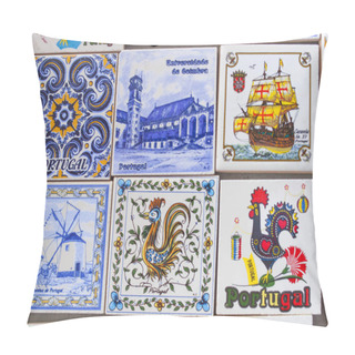 Personality  Coimbra, Portugal - Sept 6th 2019: Glazed Tiles Magnets With Traditional Portuguese Motifs, Coimbra Old Town, Portugal Pillow Covers