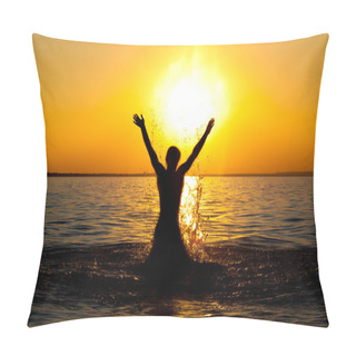 Personality  Swimmer Jumping Out Of Sea Water On Golden Sunset Pillow Covers