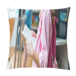 Personality  Panoramic Shot Of Kid With Pink Backpack Standing And Holding Book In Library  Pillow Covers
