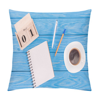 Personality  Top View Of Wooden Calendar With Date Of 1st May, Coffee Cup, Empty Textbook And Pens, International Workers Day Concept  Pillow Covers
