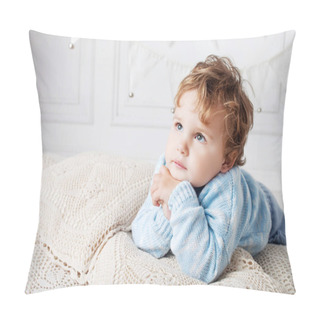 Personality  Portrait Of Happy Adorable Baby Boy On The Bed In His Room. Copy Space Pillow Covers