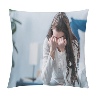 Personality  Selective Focus Of Grieving Woman Covering Face With Hands And Crying At Home Pillow Covers