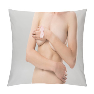 Personality  Partial View Of Topless Young Woman With Pink Ribbon Covering Breast Isolated On Grey Pillow Covers