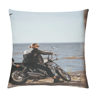 Personality  Biker In Black Leather Jacket Sitting On Chopper Motorcycle Near The Sea Pillow Covers