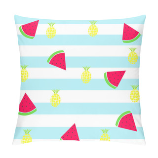 Personality  Slice Watermelon And Pineapple On Striped Blue Background Pillow Covers