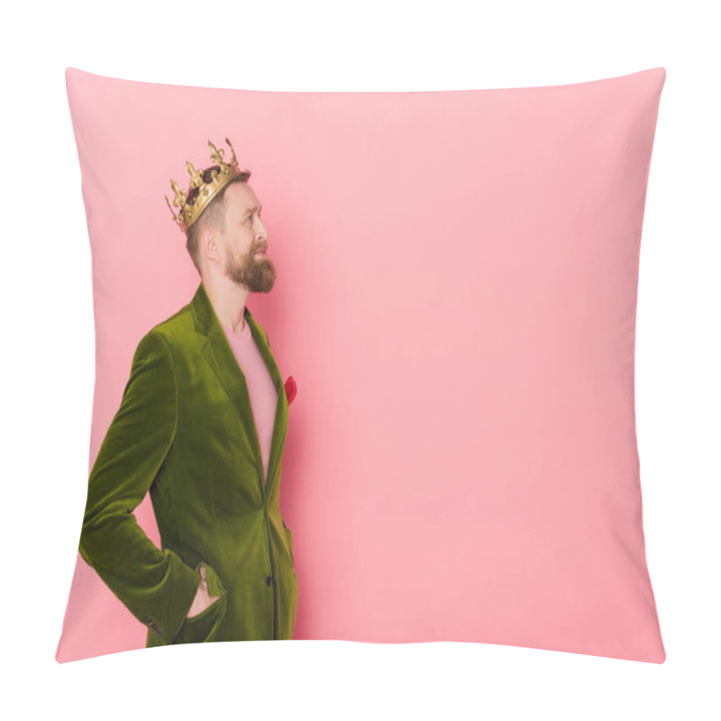 Personality  Side View Of Smiling Man With Crown In Velour Jacket Looking Away On Pink Background  Pillow Covers