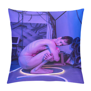Personality  Cosmic Phenomenon, Unknown Humanoid Alien Sitting Near Computers In Neon Light Of Science Center Pillow Covers
