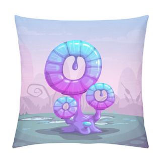 Personality  Fantasy Glossy Blue Mushroom, Cartoon Magic Plant. Alien Nature Landscape. Pillow Covers