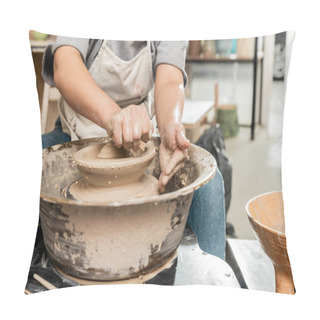 Personality  Cropped View Of Young Female Potter In Apron Holding Wet Sponge Near Clay On Spinning Pottery Wheel Near Bowl With Water In Ceramic Studio, Pottery Creation Process Pillow Covers