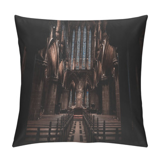 Personality  GLASGOW, SCOTLAND, DECEMBER 16, 2018: Magnificent Perspective View Of Interiors Of Glasgow Cathedral, Known As High Kirk Or St. Mungo, With Huge Stained Glasses. Scottish Gothic Architecture. Pillow Covers