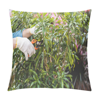 Personality  Close-up View Of Gardener Cutting Plants With Pruner Pillow Covers