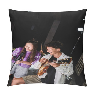 Personality  Happy Talented Teenage Girl In Vivid Attire Singing Into Microphone Next To Her Guitarist In Studio Pillow Covers