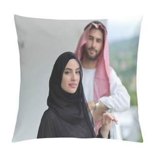 Personality  Portrait Of Young Muslim Couple On Balcony Pillow Covers