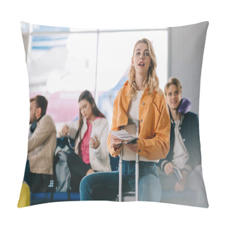 Personality  Girl With Passport And Boarding Pass Sitting On Suitcase In Airport Pillow Covers