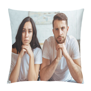Personality  Handsome Man In Jeans And Beautiful Sad Woman In T-shirt Sitting On Bed And Looking At Camera  Pillow Covers