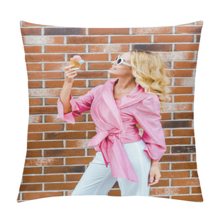 Personality  Stylish Smiling Woman In Pink Eating Ice Cream In Front Of Brick Wall Pillow Covers