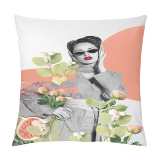 Personality  Creative Collage Of Stylish Woman In Retro Clothing And Sunglasses With Flowers Pillow Covers