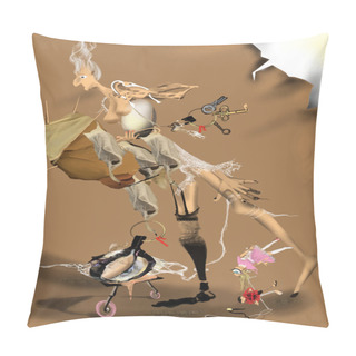Personality  Old Surrealistic Woman With A Broken Umbrella Pillow Covers