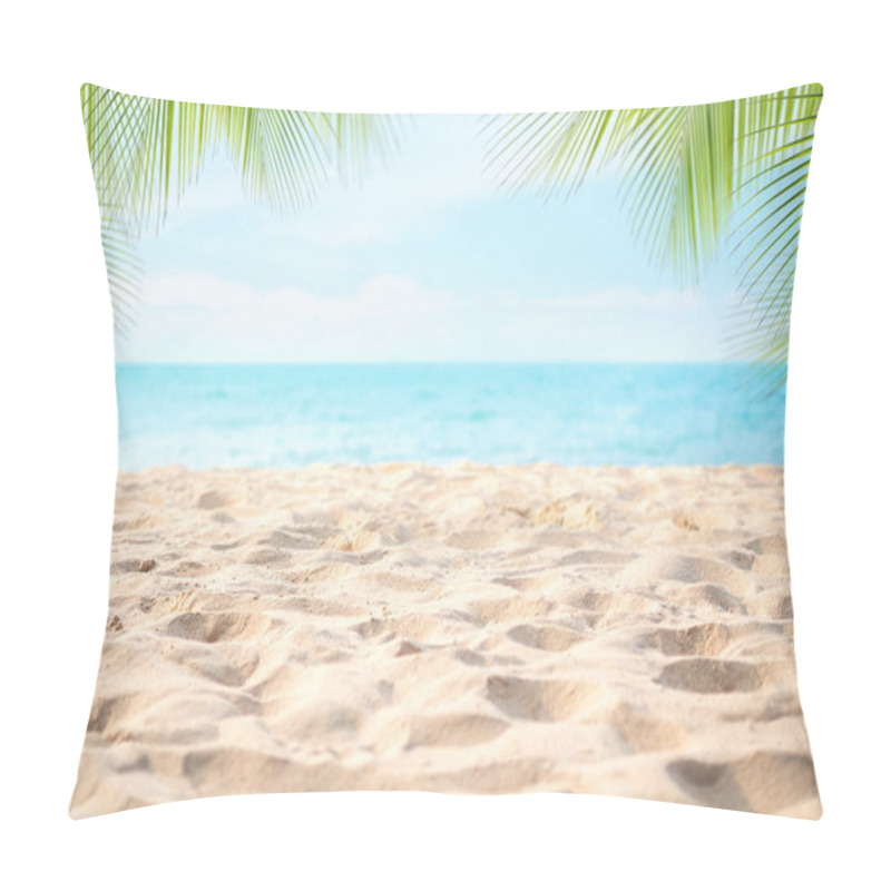 Personality  Pile Sand Beach With Palm Leaves Or Coconut Leaves At Coast And Blur Blue Sea With Bokeh With Blue Sky. Tourist Travel Tropical Holidays Summer Nature Concept. Pillow Covers