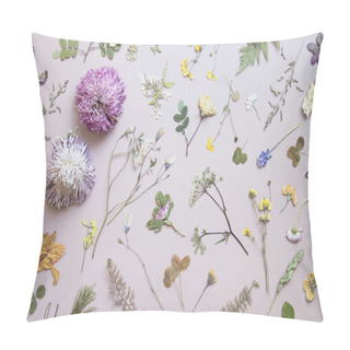Personality  Various Dried Flowers And Leaves On Pastel Background. Flat Lay. Pillow Covers