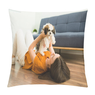 Personality  Cute Puppy With A Lot Of Energy Playing With A Beautiful Excited Woman. Happy Young Woman Lying On The Living Room Floor With Her Adorable Little Dog  Pillow Covers