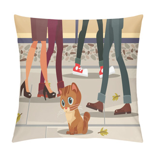 Personality  Sad Lonely Homeless Lost Poor Little Cat Child Character Sitting On Street. People Past Away. Vector Flat Cartoon Illustration Pillow Covers