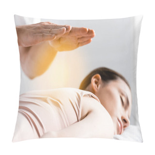 Personality  Cropped View Of Healer Standing Near Woman Lying With Closed Eyes And Holding Hands Above Her Body Pillow Covers