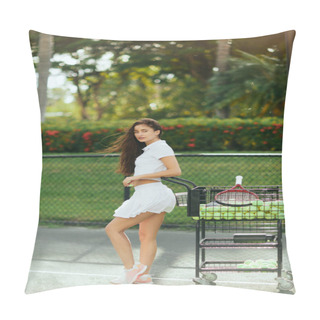 Personality  Athleticism, Sexy Young Woman With Brunette Hair Standing In Stylish Outfit With Skirt And White Polo Shirt Near Cart With Balls, Blurred Background, Sun-kissed, Tennis Court In Miami  Pillow Covers