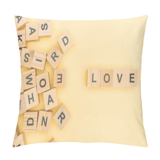 Personality  Top View Of Love Lettering With Wooden Cubes On Yellow Background Pillow Covers
