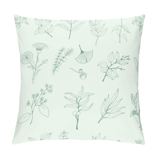 Personality  Medicinal Herbs Seamless Pattern.A Set Of Medicinal Herbs And Plants. Collection Of Hand Drawn Flowers And Herbs. Botanical Plant Illustration. Vintage Medicinal Herbs Sketch.  Pillow Covers