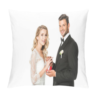 Personality  Happy Groom Putting On Wedding Ring On Brides Finger And Looking At Camera Isolated On White Pillow Covers