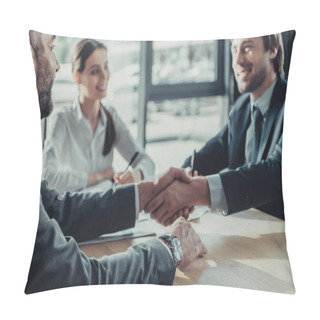 Personality  Business People Shaking Hands During Meeting At Modern Office Pillow Covers