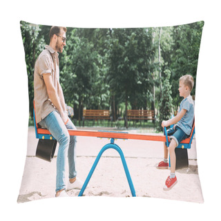 Personality  Side View Of Father And Son Having Fun On Swing At Playground In Park Pillow Covers