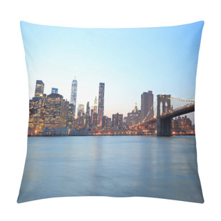 Personality  Lower Manhattan Skyline And Brooklyn Bridge At Dusk, New York, USA Pillow Covers
