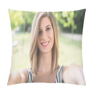 Personality  Beautiful Young Woman Making Selfie And Grimacing Pillow Covers