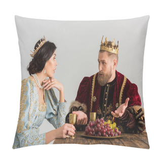 Personality  Queen And King With Crowns Sitting At Table And Talking Isolated On Grey Pillow Covers