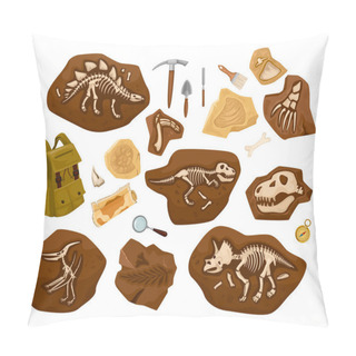 Personality  Dinosaur Skeleton Archaeological Set Of Isolated Images With Tools Backpack And Ancient Bones Findings In Stones Vector Illustration Pillow Covers