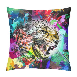 Personality  Bright Abstract Colorful Background With Angry Tiger With Mouth Open, Paint Splashes Pillow Covers