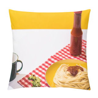 Personality  Prepared Spaghetti With Tomato Sauce Beside Cup On White Surface On Yellow Background Pillow Covers