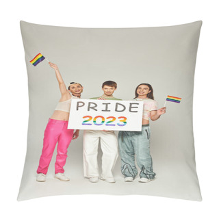 Personality  Cheerful And Tattooed Gay Men In Colorful Clothes Standing With Rainbow Flags Near Queer Friend Holding Pride 2023 Placard While Celebrating Lgbt Community Holiday, Grey Background, Studio  Pillow Covers