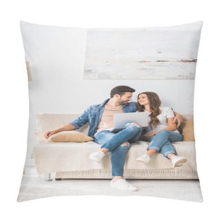 Personality  Young Happy Couple With Laptop Sitting On Couch And Looking At Each Other At Home  Pillow Covers