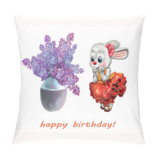 Personality  Cute Bunny In Red Dress Looking At Gift, Bouquet Of Lilacs In Vase, Happy Birthday Greeting Card, Isolated Character On White Background Pillow Covers