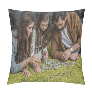 Personality  Parents And Daughter Connecting Puzzle Pieces On Floor In Living Room Pillow Covers