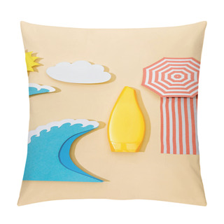 Personality  Top View Of Paper Cut Beach With Yellow Tube Of Sunscreen On Beige  Pillow Covers