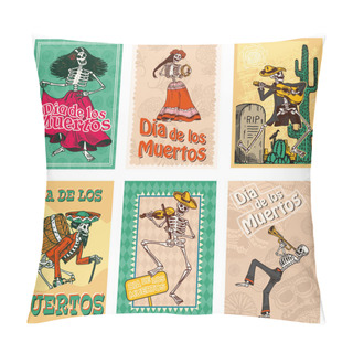 Personality  Day Of The Dead Posters On A Colored Background. Skeletons Dance And Play Musical Instruments. In Spanish Dia De Los Muertos. Religious Holiday With Happy Skulls. Hand Drawn Engraved Banner Set. Pillow Covers