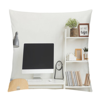 Personality  Background Image Of Modern Computer On Desk Against White Wall In Home Office Interior, Copy Space Above Pillow Covers