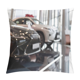 Personality  New Cars At Dealer Showroom. Themed Blur Background With Bokeh Effect. For Use As A Background. Pillow Covers