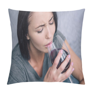 Personality  Lonely Upset Woman Drinking Wine At Home Pillow Covers