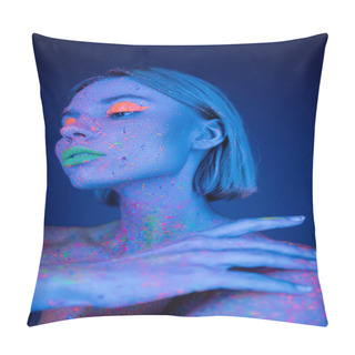Personality  Young Woman With Neon Makeup Touching Body Colored In Fluorescent Paint Isolated On Dark Blue Pillow Covers